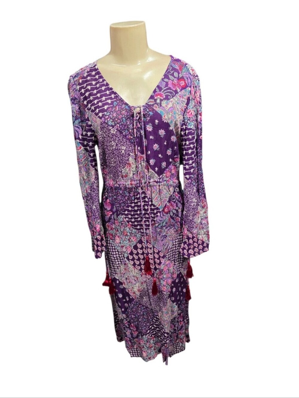 VTG 90s Phool Patchwork Floral Maxi Dress 10 Purple Boho Tassel Whimsigoth India